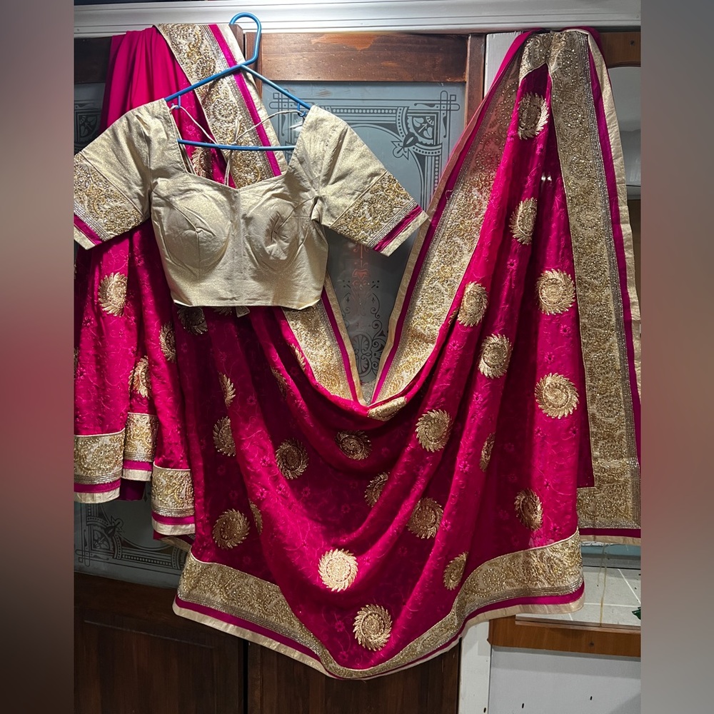 Chiffon Pink Heavy work Saree with jewels, with adjustable embroidered blouse